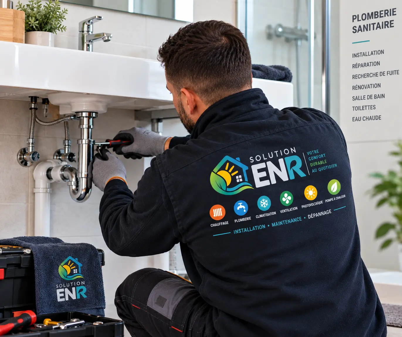 Technicien SOLUTION ENR réparant un siphon de lavabo
