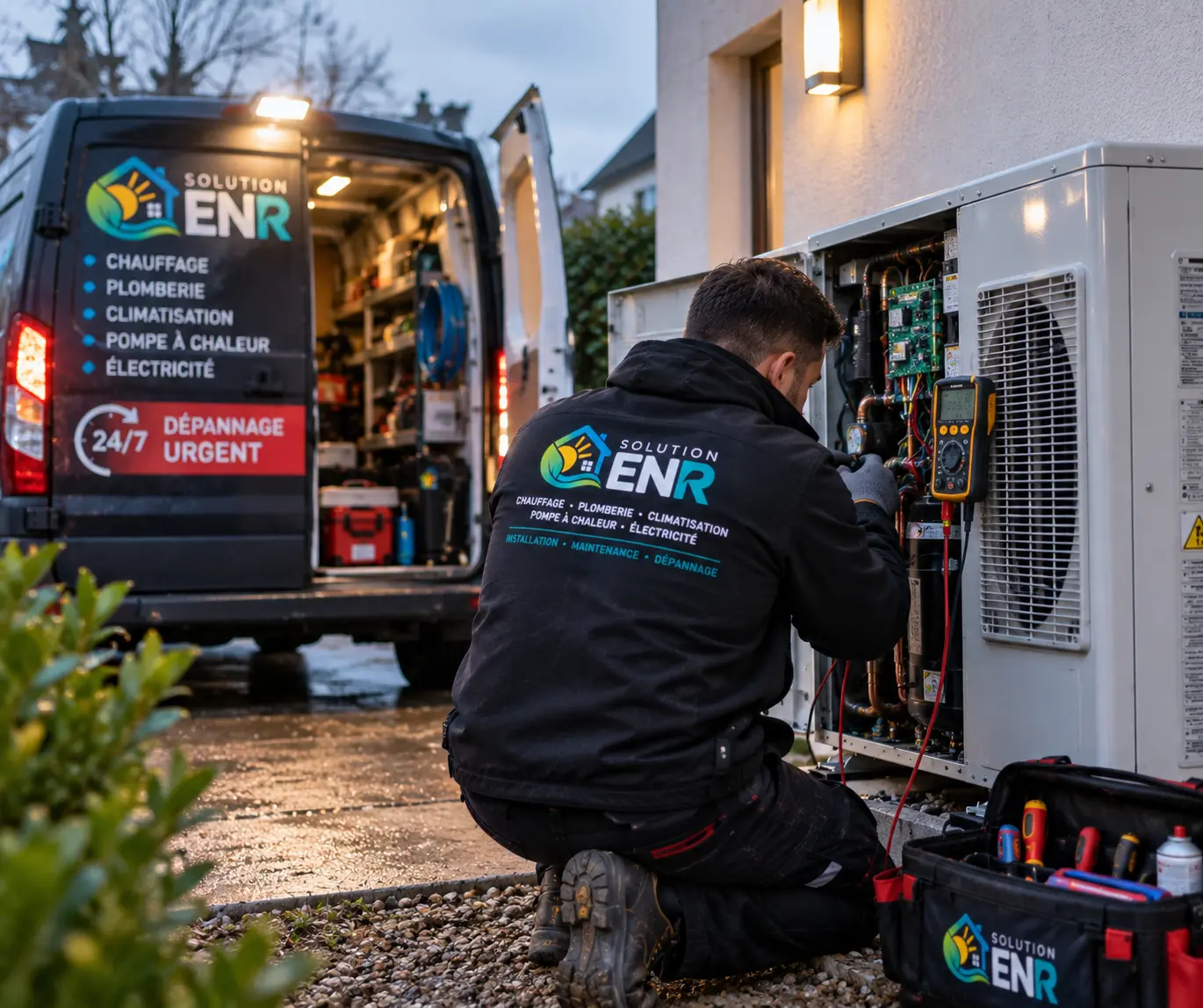 Véhicule SOLUTION ENR et technicien en dépannage urgent au crépuscule