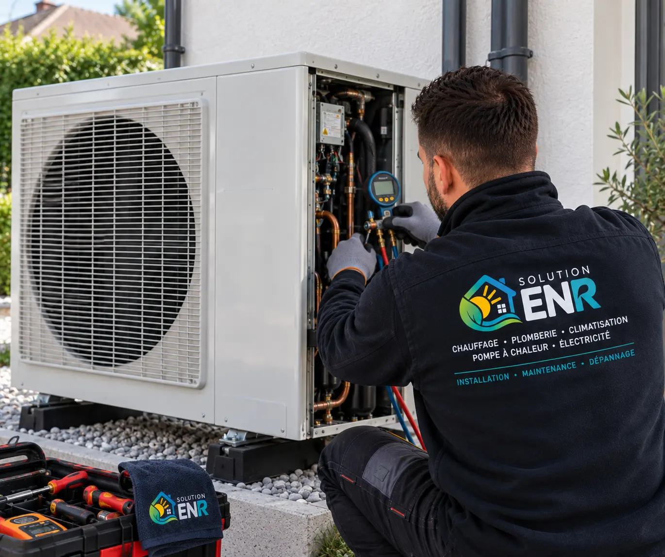 Technicien SOLUTION ENR en intervention sur une pompe à chaleur