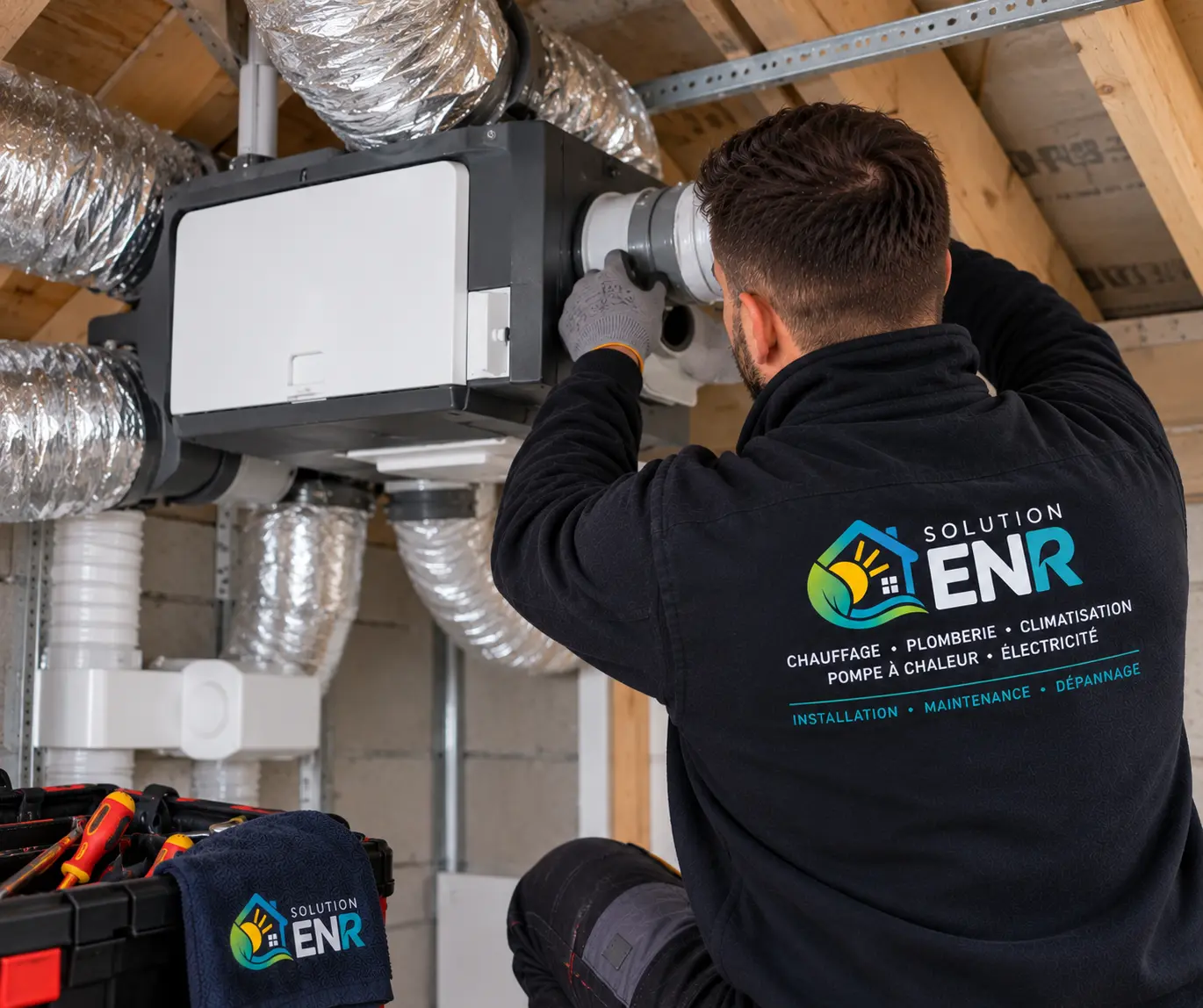 Technicien SOLUTION ENR installant une ventilation double flux
